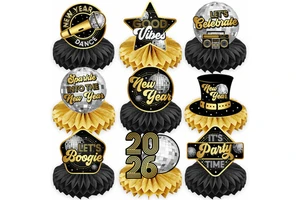 2026 Black Gold New Year Honeycomb Table Centerpieces Disco Ball Table Toppers New Year Eve Party Table Decor