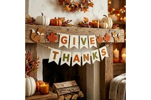 Thanksgiving Fox Leaf Garland 7in 9pcs Fall Autumn Harvest Felt Banner Wood Beads Mantel Table Setting