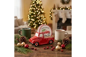 Redeco Vintage Christmas Figurine Ceramic Coaster Set Glazed Stoneware Christmas Cups Holder Wholesale Holiday Decor