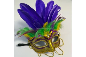 HLC New Half Face Green Purple Gold Mardi Gras Creation Mask with Feathers for Carnival Venice Masquerade New Orleans Parade