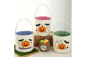 Wholesale Custom Gingham Halloween Trick Or Treat Bucket Canvas Fabric Candy Basket For Kids