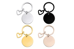 Custom Engravable Metal Keychain Blank Round Key Ring With Heart Charm Personalized DIY Keychain For Gifts