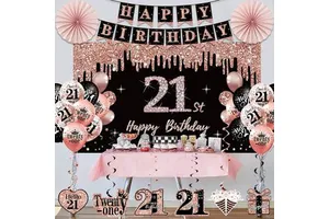 Custom Rose Gold 21st Birthday Party Kit Paper Fans Hanging Card Spiral Ornaments Crown & Sash for Girls Adult Birthday Supplies