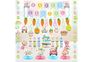 Cross-border Easter Party Decoration Foreign Trade Easter Set Colorful Eggs Rabbit Pulling Flag Hanging Honeycomb Decorative