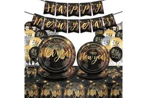 HAWIN Reusable Paper New Year-themed Party Set Including Tableware Party Tablecloth Handkerchiefs Cups Scene Flag Arrangement