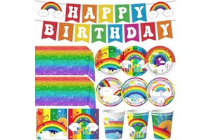 Rainbow Birthday Party Supplies Rainbow Theme Party Decorations for Boy, Include Tablecloth Banner Plate Napkin Cups