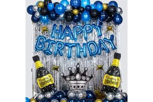 Navy Blue Party Happy Birthday Decorations for Men Navy Blue Baby Party Foil Fringe Curtain for Birthday Supplies