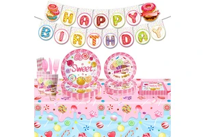 Ychon Sweet Baby Girl Pink Candy Lollipop Theme Tableware Children's Birthday Paper Plate Paper Towel Set Sweet Pink Printing