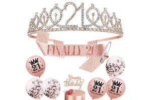 WT-211 Princess Happy Birthday Crowns and Sash set for Adults Rose Gold Birthday Crown and Sash Kit 16/21/30/40/50th