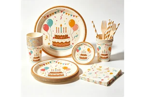 Birthday Cake Theme Disposable Party Tableware Set Cake Pattern Complete Kit with Plates Cups Napkins for Kids Adults