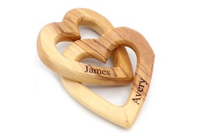 Customized Polished Modern Multifunction Olive Wood Interlocking Hearts Personalized Valentine's Day Gift Together Forever