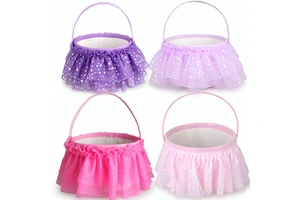 2025 Children Easter Basket Cute Glitter Tutu Decorated Gift Basket Handbag for Eggs Portable Storage Festival Party Decorations