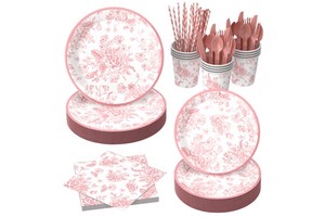 Pink and White Chinese Style Decoration Party Supplies Set pink Flower Pattern Dinner Plate and Napkin