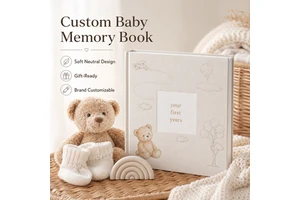 Custom Baby Memory Book Hardcover Linen Square Cream Bear Hot Air Balloon Cloud Line Art Gift Ready Brand Custom OEM Bulk