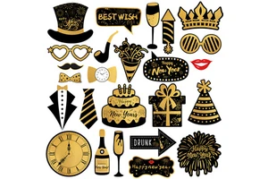 New Year Handheld Decoration Glasses Cakes Clock Champagne Funny Paper Handheld 25pcs for Party Photography Props