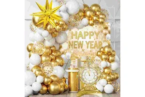 New Year Happy Balloon Set: Happy New Year Backdrop Cloth, Atmosphere-enhancing Setup, Scene Decoration, Balloons.