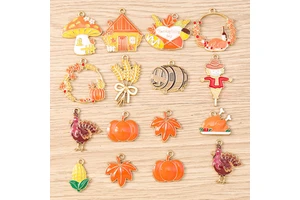 10 Pieces Per Pack Thanksgiving Zinc Alloy Rice Pattern Maple Leaf Pumpkin Turkey DIY Barn Scarecrow Charm Accessories Keychain