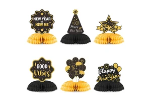 Eco-Friendly Luxury Paper Happy New Year Black Gold Firework Balloon Shape Honeycomb Table Decoration Set Wholesale