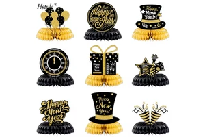 Hstyle 2025 Hot Sell Black Gold Birthday Decoration Honeycomb Centerpieces SD2028 for New Year Party Table Decoration