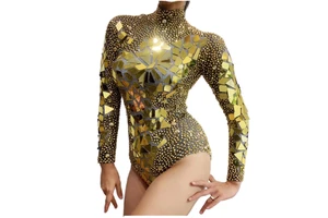 Shining Gold Rhinestones Mirrors Belly Dancing Dress Bodysuit Spandex/Polyester Women's Birthday Celebrate Party Performance