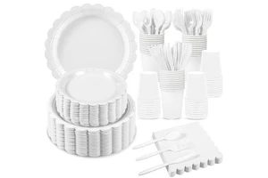25/50 People Solid Color Disposable Tableware Set for Birthday Graduation Thanksgiving Party Use