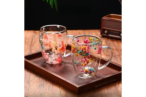 High Borosilicate Glass Cup Custom LOGO High Borosilicate Double Wall Glass Cup With Dry Flower