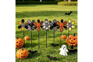 Halloween Skull Flower Windmill Pinwheel, Spooky Garden Stake Decor For Outdoor Yard Art Party Favors And Kids Toy Decoration