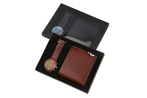 CRESTLINE Custom Logo Men's Business Watch & Wallet Gift Set Handmade PU Leather Quartz Black/Brown Father's Day Gift