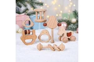 Wholesale Natural Solid Beech Wooden Baby Rattle Teether, Handheld Neutral Nursery Decor, Photo Prop For Baby Shower Party