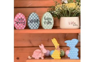 DAMAI Cross Border Easter Wooden Decor Set Rabbit and Egg Shape Ornament for Party Tabletop Decor Handmade Natural Wood Craft