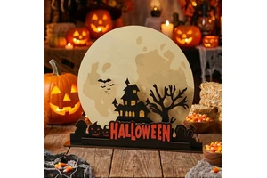 Halloween Full Moon Haunted House Pumpkin Bat Wooden Tabletop Ornament Spooky Desk Decor for Holiday Party Supplies