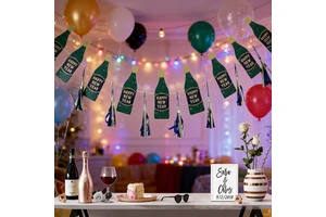 608332 Green Champagne Bottle "Happy New Year" Bunting Banner with Tassels Glitter for NYE Party Decor, Wedding, Anniversary