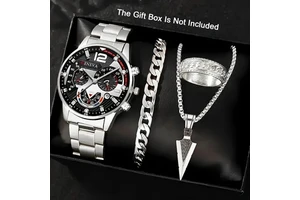 2026 New Fashion Luxury Exquisite Men's Steel Band Calendar Watch Popular Bracelet Set Father's Day Gift Set