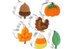 6PCS Thanksgiving Cookie Cutters Set Fall Themed Holiday Shapes of Turkey Pumpkin Maple Leaf Acorn Leaves Candy Corn