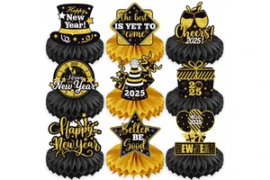 Hot New Years Honeycomb Centerpieces Theme Table Toppers Black and Gold 2025 New Years Eve Party Supplies Decorations S075