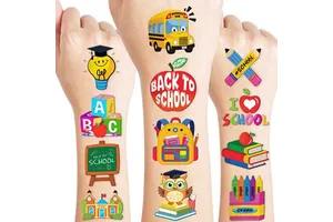 96 PCS Back to School Pre-Cut Temporary Tattoos for Kids Super Cute Themed Birthday Party Favors Supplies Decorations