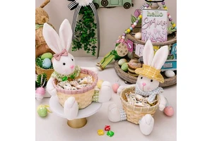 Round Easter Decoration Rabbit Doll with Candy Basket for Egg Storage and Fertility Symbol