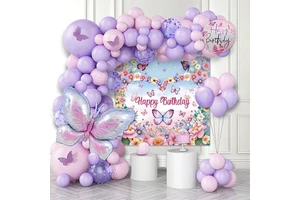 1 Purple Butterfly Birthday Party Balloons Set Happy Birthday Background Cloth for Kids' Birthday Party Decoration Supplies
