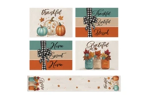 New Autumn Thanksgiving Placemat and Tablecloth Set with Durable Linen and Stain-resistant Pumpkin Pattern Placemats