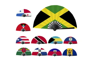 Wholesale Festival Clack Rave Fan Party Caribbean Country National Flag Bamboo Folding Hand Fans Held Fan For Carnival Wedding