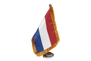 Custom Elegant Golden Fringe Small Standing Flag France Bastille Day Diplomatic Conference Supply Silver Color Stand