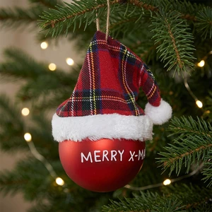 Wholesale Custom Christmas Tree Hanging Decorations Embossed Logo Christmas Red Hat Plastic Balls