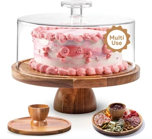 Acacia Wood Handmade Eco-Friendly Cake Stand With Lid-Multifunctional Cake Holder Dessert Table Display Set Charcuterie Board