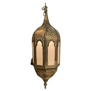 Traditional Moroccan Brass Hanging Lantern Pendant Light with Frosted Glass Metal Ceiling Lamp for Home Hotel Christmas Decor