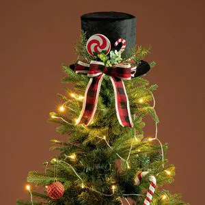 Black Velvet Polyester Top Hat Christmas Tree Topper Whimsical Hat With Peppermint Candy Cedar Greenery Rustic Xmas