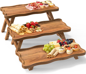 Foldable Acacia Wood Tray 3 Tier Wood Tray Cupcake Stand For Party Birthday Wedding Christmas 3 Tier Wood Tray