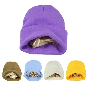 HK39 Factory Direct Supply Soft Satin Inner Lining Plain Acrylic Beanie Bulk Custom Logo Winter Daily Decor Hat