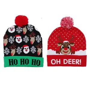 Hot Sale Christmas Santa LED Knitting Beanie Hat for Adult & Kids Ornament Style Promotional Gift Party Hat