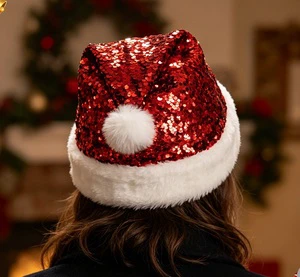 Classic Red Sequin Santa Hat With White Fur Trim And Pompom For Christmas Day Xmas Plush Christmas Hat Custom Wholesale