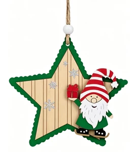 Wooden Star Gnome Christmas Tree Ornament 3D Layer Xmas Gnome Hanging Decoration With Hemp Rope
